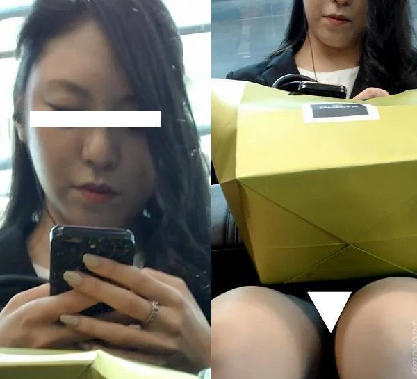 (電車対面）(顔出し）タイトミニをお召しになってパンストあんよをむき出し…紙袋の下に隠れるタイトミニ▼をサルベージしてみました!-2