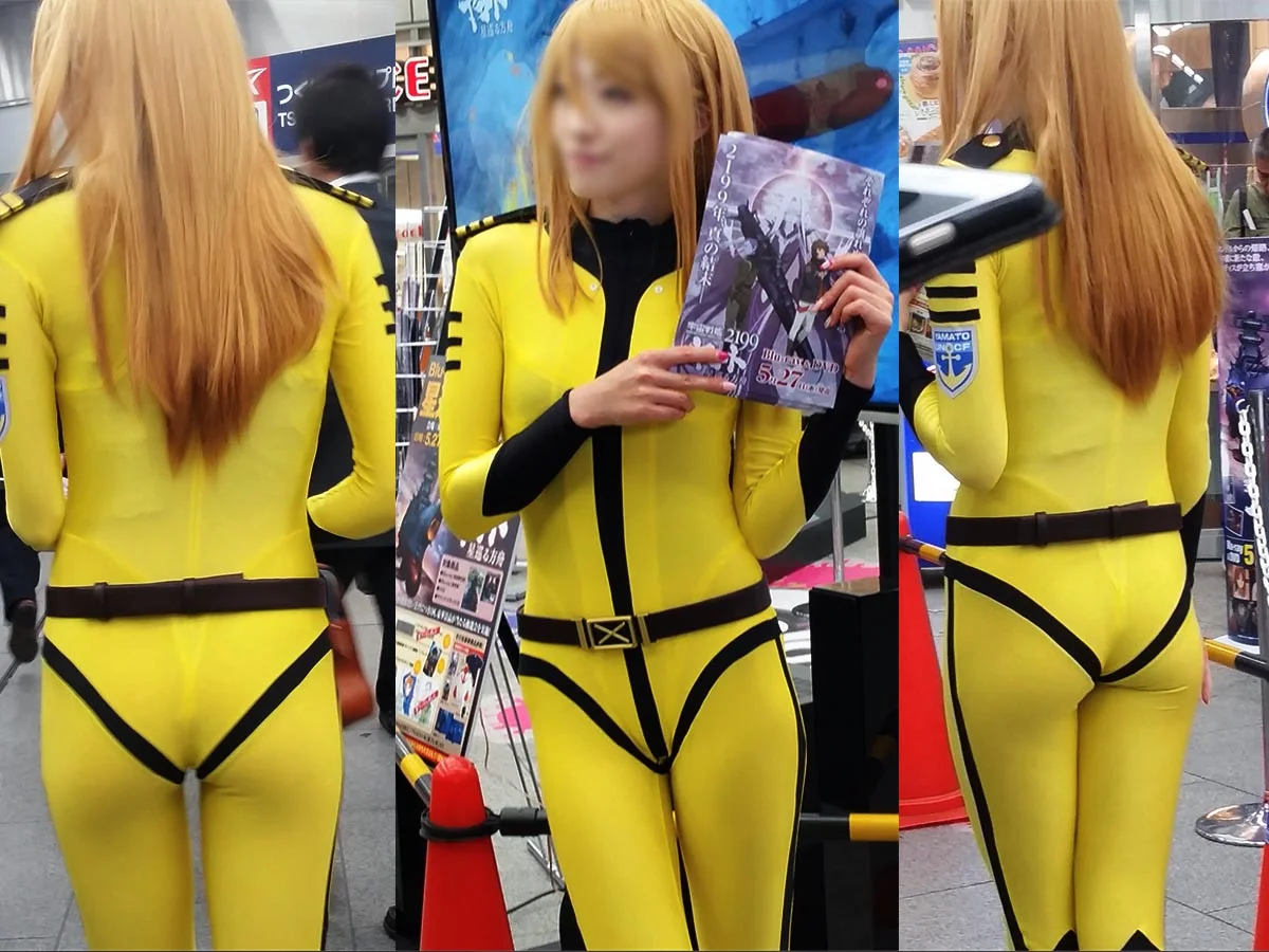 【フェチ動画】スケスケの超ハイレグTバック！某電器店頭での森雪コスプレヤマトガールズのギャル形美人お姉さん