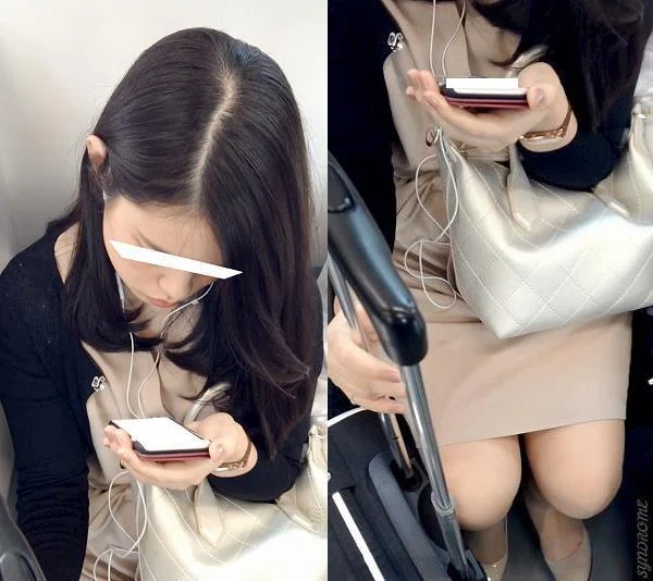 (電車対面）(顔出し）シックでお上品な感じのベージュのタイトワンピをお召しになった…ハイキャリアな感じのOLお姉さんを観察してみ-1
