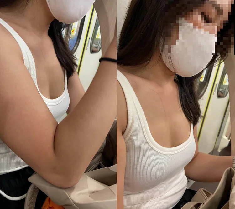 【再販】【再々編集】巨乳タンクトップ女子大生の胸チラ谷間!!横から胸チラ撮影！！