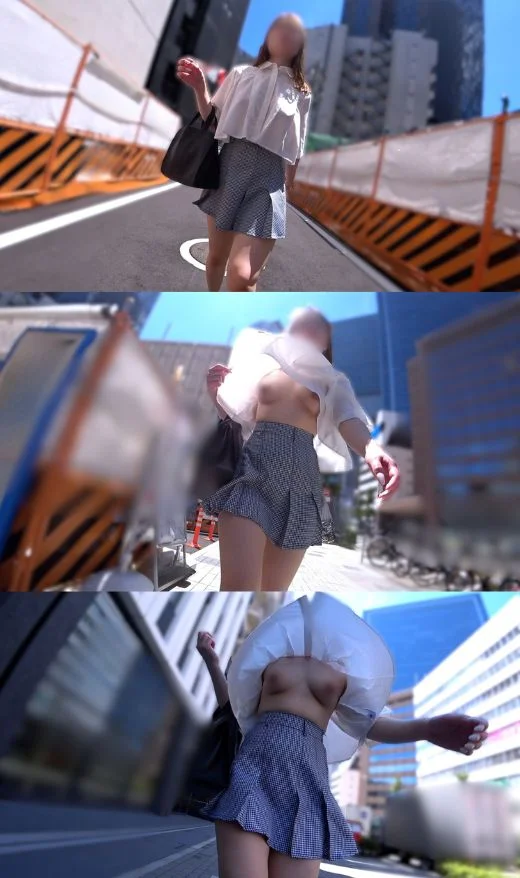 【ノーブラ確定】激しいビル風がめくるミニ丈シャツ！必死に裾を抑えるムチムチ美女-1
